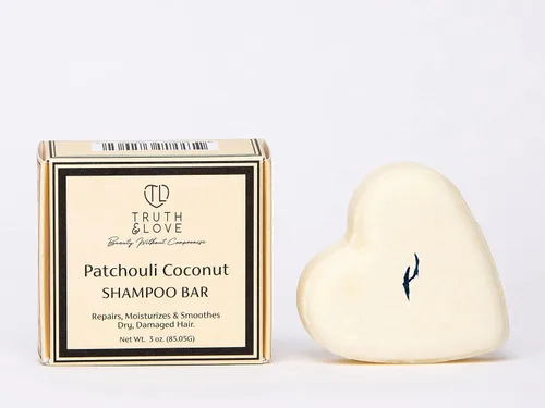 Vista 2 de Truth & Love Beauty Barra de champú de coco de pachulí para cabello seco dañado, sostenible, sin plástico, ecológico, libre de crueldad