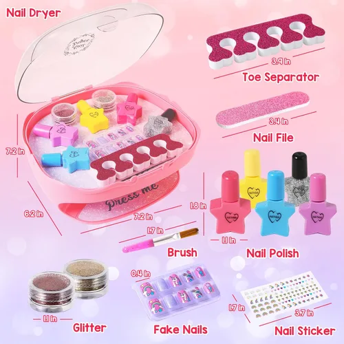 Vista 4 de Juego de esmaltes de uñas para niñas, juguetes para niñas de 5, 6, 7, 8, 9, 10, kit de cuidado de uñas con esmalte de uñas, secador de uñas, uñas