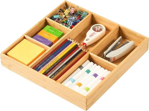 Vista 7 de Organizador de cajones de escritorio, bandeja organizadora de madera de bambú con compartimentos ajustables, accesorios de escritorio de oficina