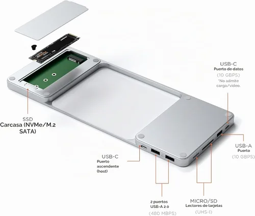 Vista 2 de Satechi Slim Dock para iMac de 24 pulgadas, carcasa SSD M.2 sin herramientas, color plateado Puerto de datos USB-C, USB-A, 2 puertos USB 2.0