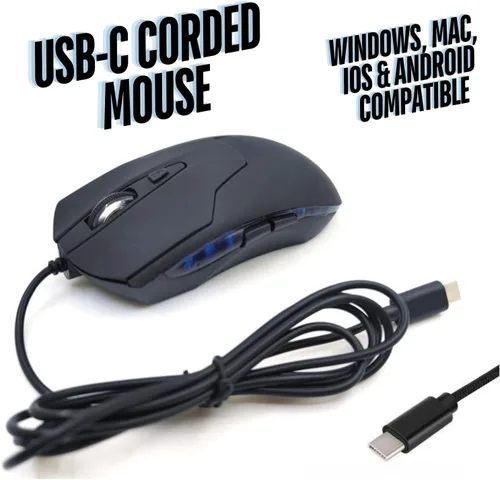 Vista 2 de CBUS Ratón USB C con cable, mouse de computadora de clic silencioso de 6 botones, 4 velocidades DPI, ergonómico, retroiluminación LED, compatible