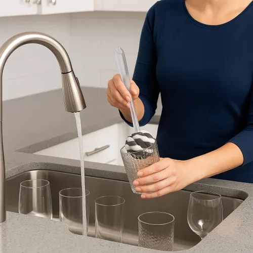 Vista 2 de Cepillo de esponja de vidrio con mango – Cepillo de limpieza de cocina de 11.5 pulgadas para vasos, botellas, platos y jarrones – Esponja suave