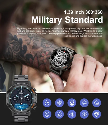Vista 4 de SUNKTA Reloj inteligente militar para hombres (responder/realizar llamadas), 100 modos deportivos, reloj de fitness impermeable 5 ATM con monitor