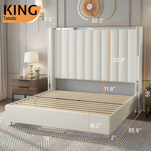 Vista 2 de Jocisland Base de cama tapizada tamaño King con cabecera de 58 pulgadas de Crema