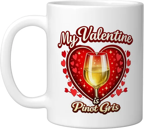 Vista 13 de Pinot Gris Wine Glass Valentine Hearts Love Funny Gift Ceramic Mug, Black/White, 11oz
