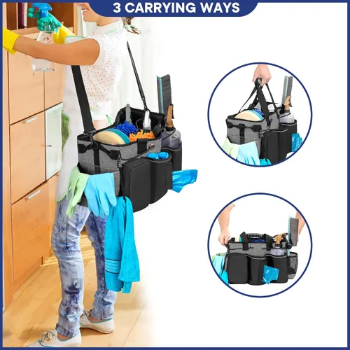 Vista 3 de LoDrid Organizador de limpieza profesional grande con divisor desmontable, organizador de suministros con asa y correa para el hombro, bolsas