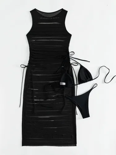 Vista 2 de Cozyease Conjunto de traje de baño de 3 piezas para mujer, bikini halter liso con vestido rasgado