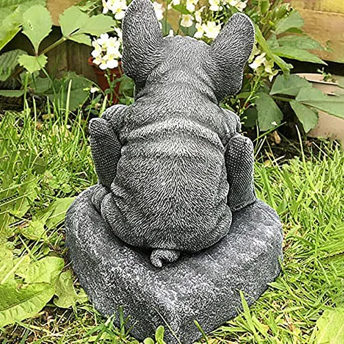 Vista 2 de Estatua de bulldog francés para exteriores, letrero de bienvenida al aire libre, Bulldog francés Welcome On A Plinth Garden Miniaturas de verano