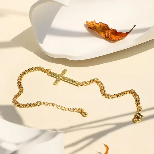 Vista 6 de Pulsera de cruz para mujer, chapada en oro de 18 quilates, pulsera de eslabones de cadena cubana, pulsera de oro para mujer, regalos de confirmación