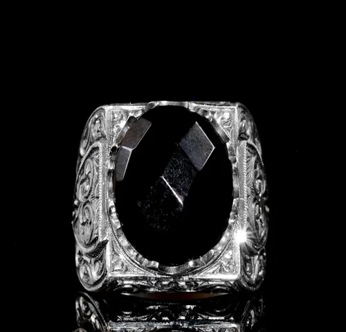 Vista 2 de 925 Sterling Silver Men's Ring with Natural Gemstone, Handmade Steel Pen Craft