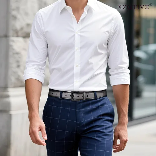 Vista 3 de XZQTIVE Cinturón de cuero hipoalergénico sin metal para hombre, cinturón de cuero para jeans y vestido, sin níquel, con hebilla negra