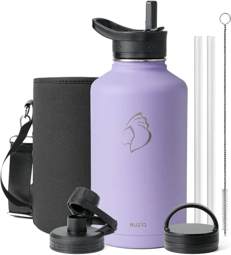 Vista 25 de BUZIO Botella de agua de 32 onzas aislada con popote y 3 tapas y bolsa de transporte, a prueba de fugas, frasco jarra de agua de acero inoxidable