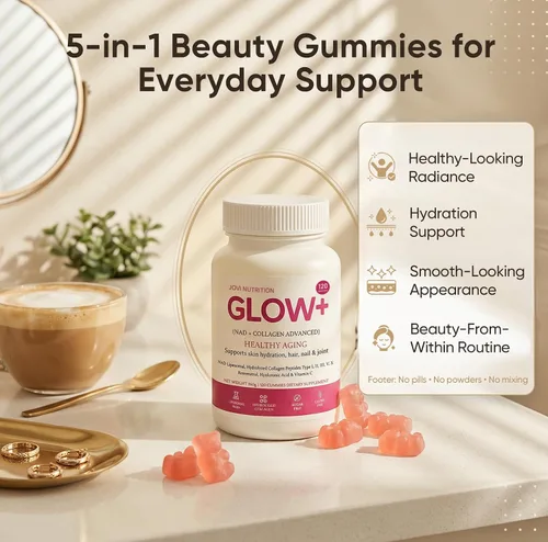 Vista 4 de Jovi Glow+ NAD+ y gomitas de colágeno, péptidos de colágeno hidrolizados multitipo con resveratrol, ácido hialurónico, vitamina C y E para piel