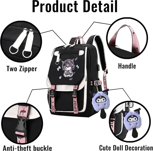 Vista 3 de qxuylmd Mochila Kawaii con colgante de felpa, linda mochila de dibujos animados para escuela secundaria, mochila para estudiantes, 21 litros