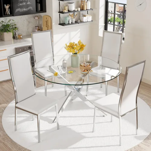 Vista 10 de Juego de 2 sillas de comedor modernas, piel sintética negra con patas de metal dorado cromado, diseño de respaldo alto curvo y acolchado tipo nube