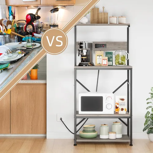 Vista 7 de JAMFLY Estante para hornear de cocina con toma de corriente, soporte para microondas con 6 ganchos en forma de S, barra de café de 4 niveles