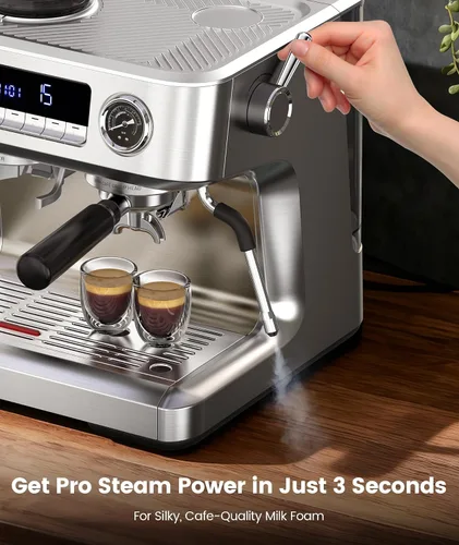 Vista 4 de Máquina de café espresso COWSAR de doble caldera con molinillo, máquinas de espresso de 20 bares con espumador de leche, cafetera de espresso