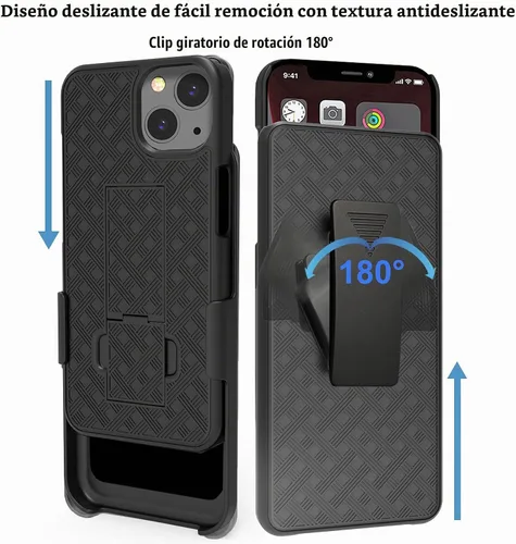 Vista 8 de Ailiber - Funda con clip para cinturón para iPhone 13/14, protector de pantalla, color negro Swivel Stand Holder, Slim Shell Slide Pouch Full Body