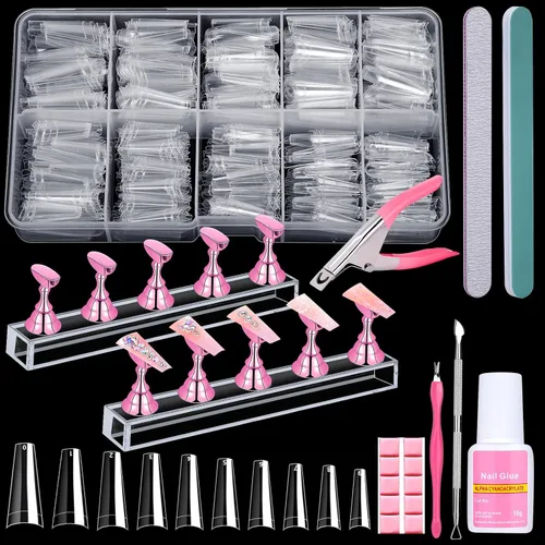 Vista 9 de Kit de uñas postizas acrílicas, kit de uñas postizas a presión con puntas de uñas transparentes de ataúd, soporte de exhibición de uñas, calcomanías