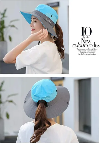 Vista 25 de Sombrero de pesca de playa de ala ancha para mujer, con protección UV, plegable, con agujero para cola de caballo
