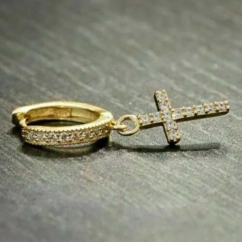 Vista 3 de TISHYA JEWELLERS Pendientes de aro colgantes con cruz de diamantes redondos de 2.00 quilates para hombre de oro amarillo de 14 quilates Fn, Piedra