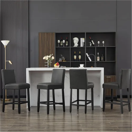 Vista 7 de Juego de 3 taburetes de bar de piel sintética de 26 pulgadas, modernas sillas de bar tapizadas de altura de barra, taburetes de bar con patas