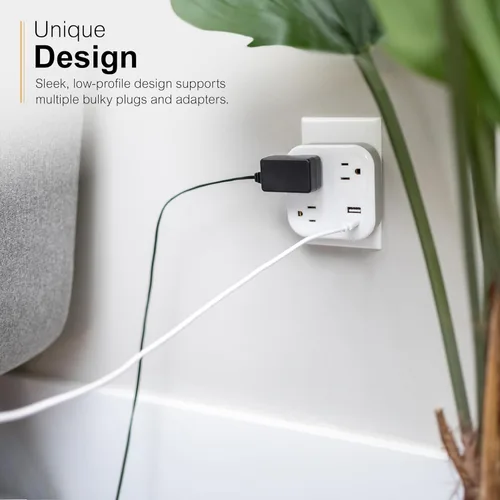 Vista 4 de GE UltraPro 81787 Protector SurGE de 3 tomas, extensor de salida con USB, enchufe de pared, 1 USB-A, 1 USB-C, adaptador espaciado, para el hogar u