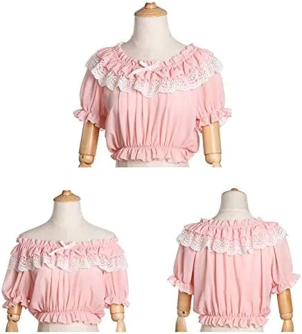 Vista 2 de Blusa corta de gasa con volantes Lolita para mujer, color blanco, negro, rojo vino, azul, albaricoque, manga abombada, con encaje