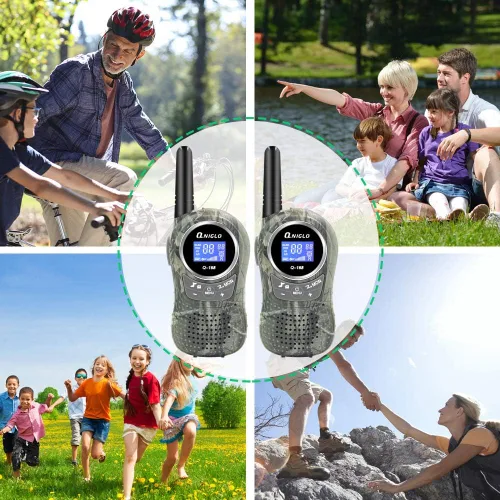 Vista 7 de QNIGLO Walkie Talkies para acampar para niños recargables, Walkie Talkies de camuflaje para niños y niñas, adecuados para juegos de aventura al aire