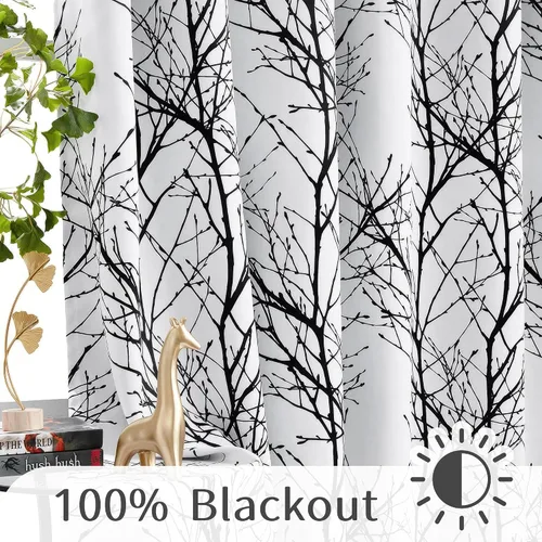 Vista 5 de FMFUNCTEX Cortinas 100% opacas para dormitorio, cortinas de ramas de árbol blanco y negro de 54 pulgadas de largo para sala de estar, cortinas