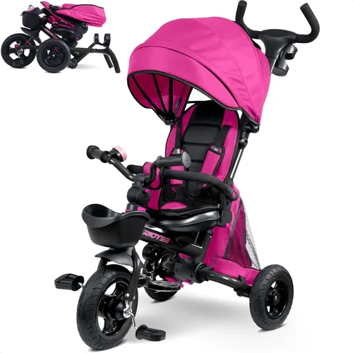 Vista 9 de RIDYEE 7-en-1 Triciclo plegable para niños pequeños de 18 meses a 5 años, cochecito triciclo con frenos duales, neumático de goma todo terreno