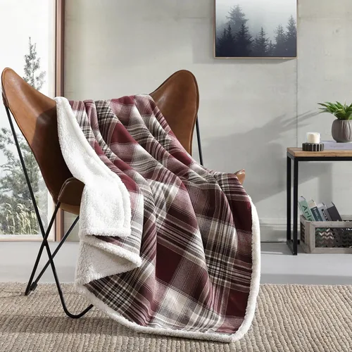 Vista 12 de Eddie Bauer - Manta decorativa de franela de algodón para hogar, ropa de cama reversible de sherpa para todas las estaciones, rojo y negro