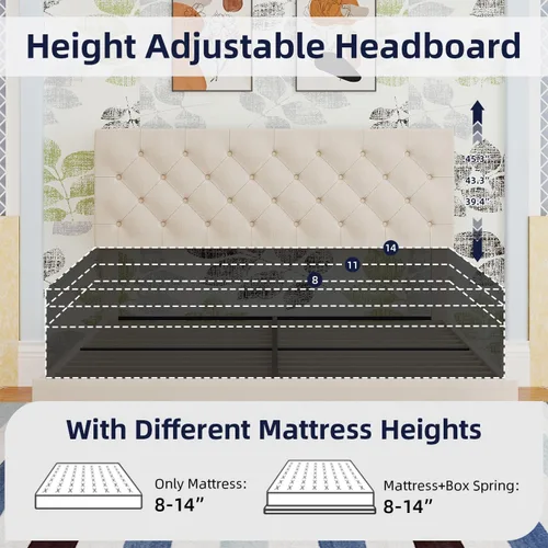Vista 4 de BarnFurin Base de cama tamaño Queen, plataforma tapizada con cabecera capitoné con botones, marco de cama de tela con soporte de listones de madera
