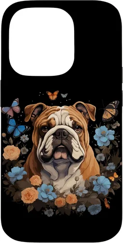 Vista 17 de Funda para iPhone 16 Bulldog Inglés con Flores y Mariposas