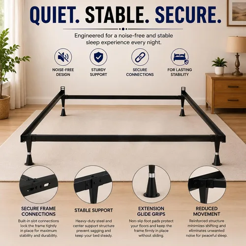 Vista 5 de Greaton, Base de cama de metal avanzada para somier y colchón, cabecero ajustable, sin ruido, sin herramientas, fácil montaje, soporte de 4 patas