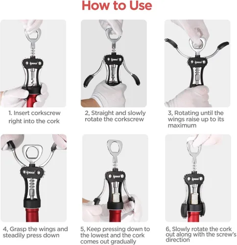 Vista 7 de IPOW Abridor de vino, abridor de botellas de vino de aleación de zinc, sacacorchos de ala resistente, sacacorchos multifuncional manual para Negro