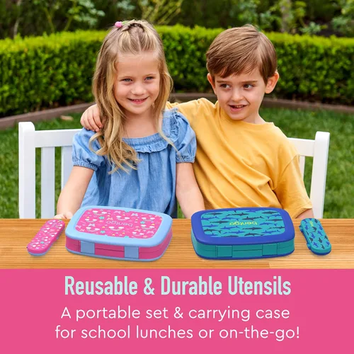 Vista 3 de Bentgo® Kids Prints - Lonchera infantil de 5 compartimentos estilo Bento, con utensilios de plástico reutilizables (arcoíris y mariposas)