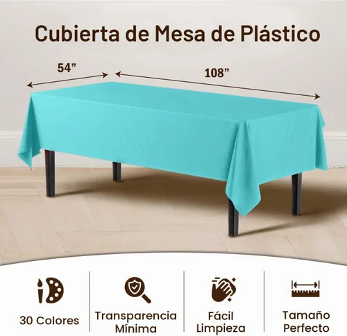 Vista 3 de Exquisito mantel desechable de plástico aguamarina, paquete de 6 manteles rectangulares de 54 x 108 pulgadas para mesas de 6 pies, mantel