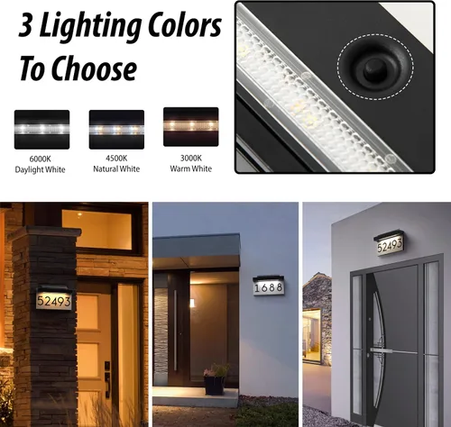 Vista 2 de Placa de dirección para casas, panel solar ajustable alimentado por energía solar, 3 colores de iluminación, números de casa, señal de dirección