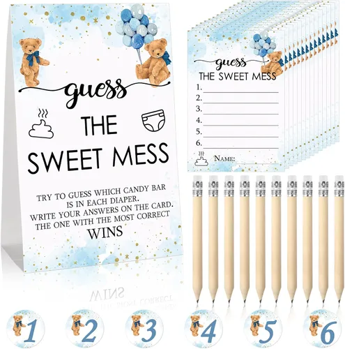 Vista 12 de Juego de 67 piezas de pañales sucios de Guess The Sweet Mess para baby shower, incluye letrero de Adivina el dulce lío, 50 tarjetas pequeñas, 10