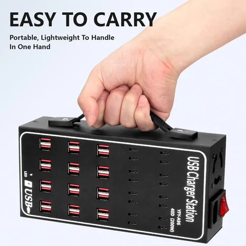 Vista 5 de Estación de Carga USB Múltiple, RUANSZZ 40 Puertos 200 Vatios (40A) Bloque Cargador USB-C con Interruptor de Alimentación, Estación de Carga