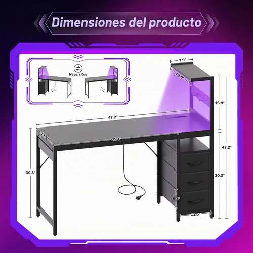 Vista 3 de Escritorio pequeño para computadora de juegos de 48 pulgadas con luces LED y estante de almacenamiento, color negro