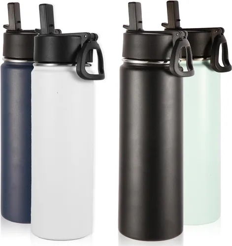 Vista 44 de Volhoply Botellas de agua aisladas de 22 onzas con tapa con popote, botella deportiva de acero inoxidable con asa, vasos de agua de viaje de metal