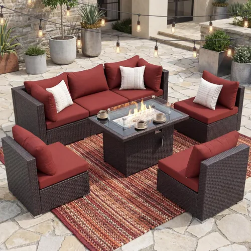Vista 100 de NICESOUL Juego de muebles de patio de ratán extra grande con mesa para fogata de gas y propano, 29.3 pulgadas, respaldo alto, cómodos conversaciones