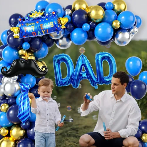 Vista 3 de Decoración del día del padre, arco de globos azul marino para el día del padre, kit de guirnalda de globos azules y dorados con corbata para barba