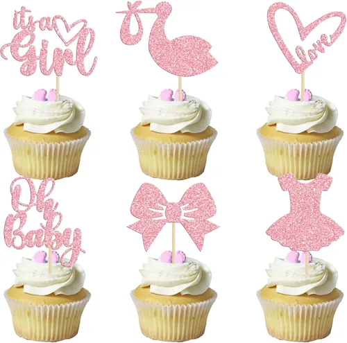 Vista 20 de Gyufise Paquete de 36 adornos para cupcakes Oh Baby ensamblados con texto en inglés "It's a Boy" con corbata, mameluco de amor, corazón, purpurina