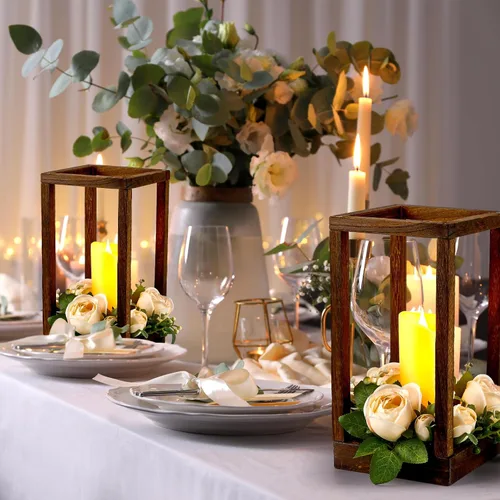 Vista 3 de Sabary 30 linternas de eucalipto para boda, centro de mesa, incluye portavelas de madera, sin pilas, velas, coronas de rosas para decoración de mesa