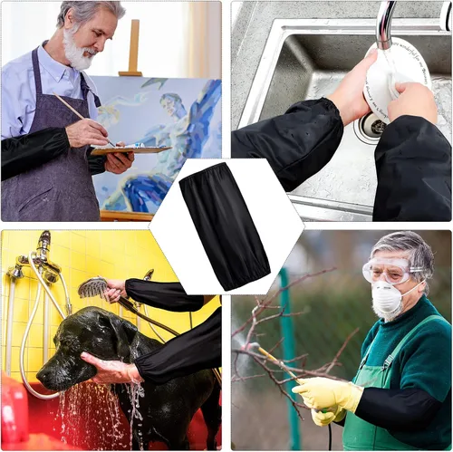 Vista 7 de Jecery 4 pares de fundas impermeables de plástico para brazos PVC, sobremangas reutilizables con puños elásticos, resistente al aceite para la Negro