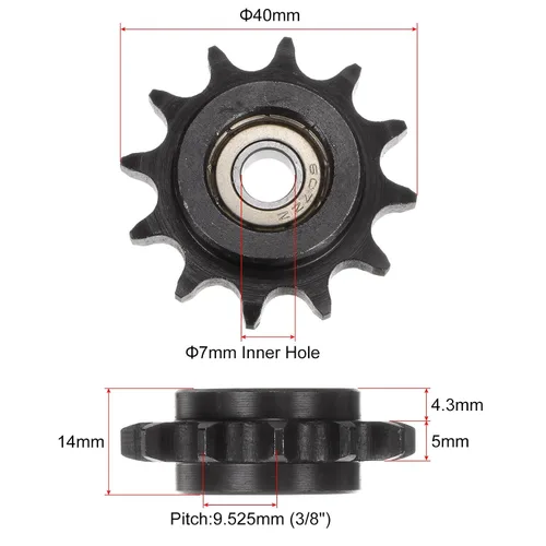 Vista 2 de uxcell Piñón tensor de cadena de rodillos DIN (ISO) 06B, diámetro de 0.276 in, paso de 3/8 pulgadas, piñón tensor endurecido de 12 dientes