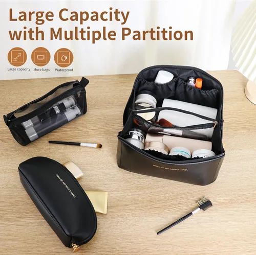 Vista 2 de 3 bolsas de maquillaje de viaje portátiles de gran capacidad para mujeres, estuche organizador de maquillaje plano abierto, bolsa organizadora